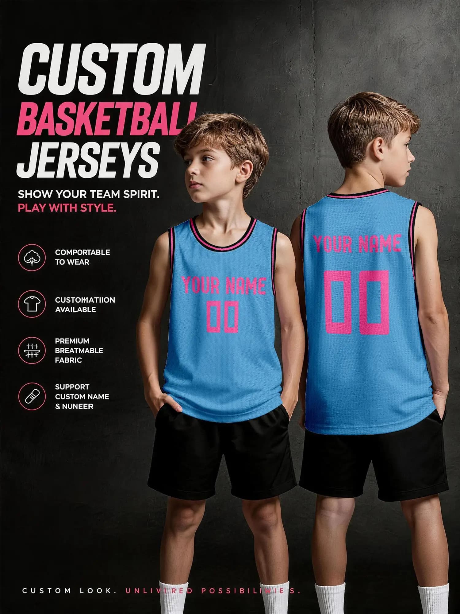 Lake Blue Pink Trim Custom Basketball Jersey, Adults Kids Name Number Print Quick‑Dry Set