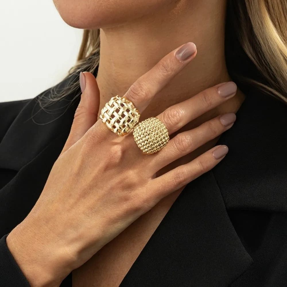Set di 2 Anelli Geometrici Intrecciati Traforati alla Moda, Anelli Aperti Circolari in Lega, Set Regolabile di Orecchini e Anelli, Gioielli da Matrimonio