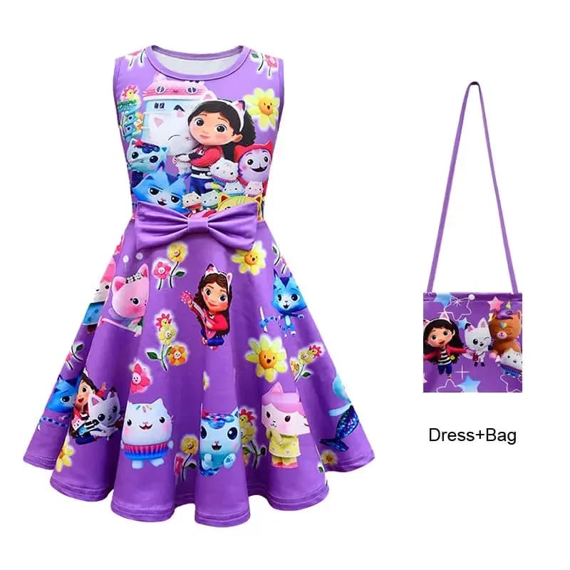 2025 Halloween Cosplay Estate Gabbys Abito da casa delle bambole per ragazza adolescente Costume Gabby Doll House Kid Up Stampa Bow Party Princess Froc