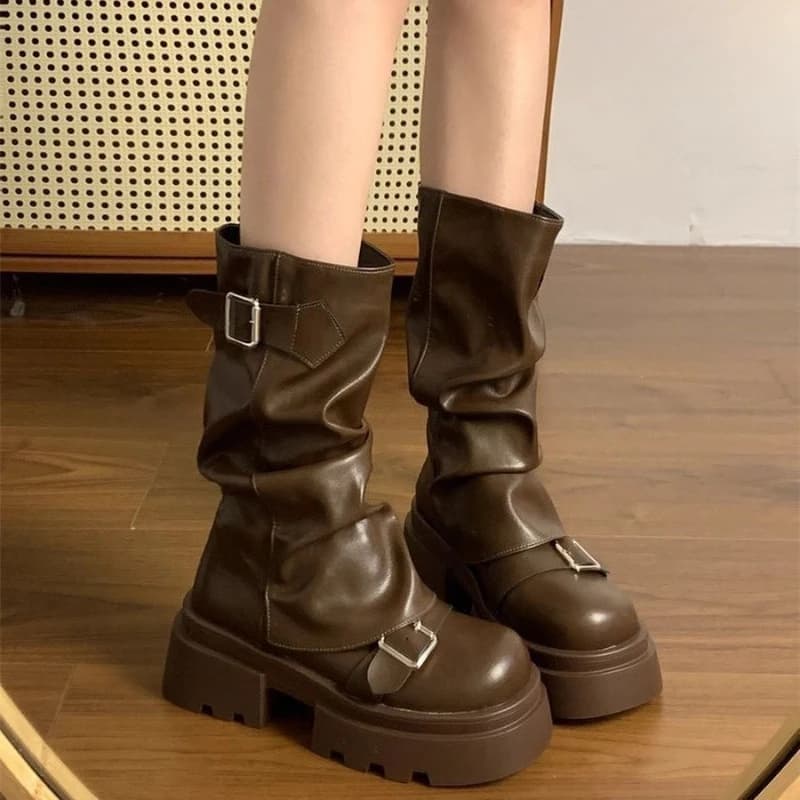 Women Punk Mid Calf Boots Autumn Fashion Square Toe Zipper Belt Buckle Gladiator Knee High Biker Booties Women Motorcycle Boots
