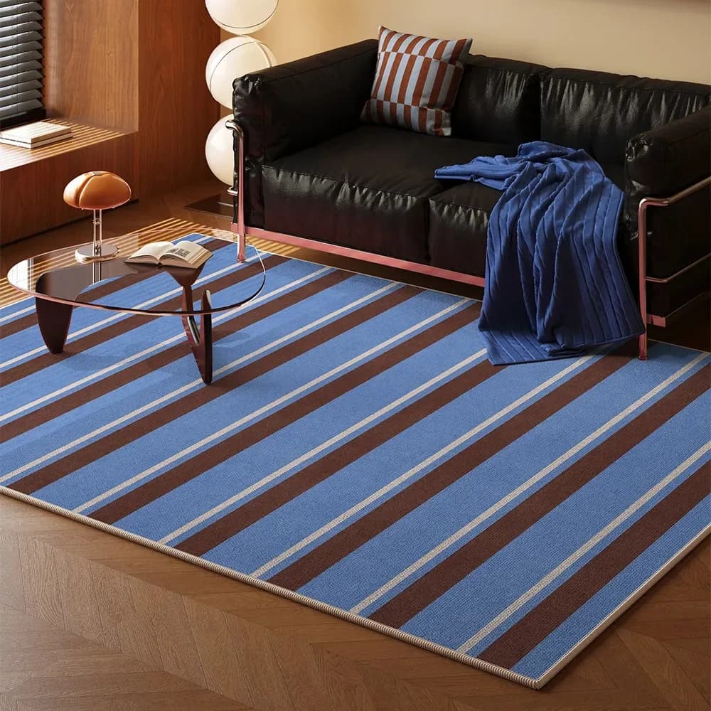 VIKAMA Retro Striped Blue Brown Rug Non-Slip Washable Modern Carpet Living Room Bedroom Home Floor Mat