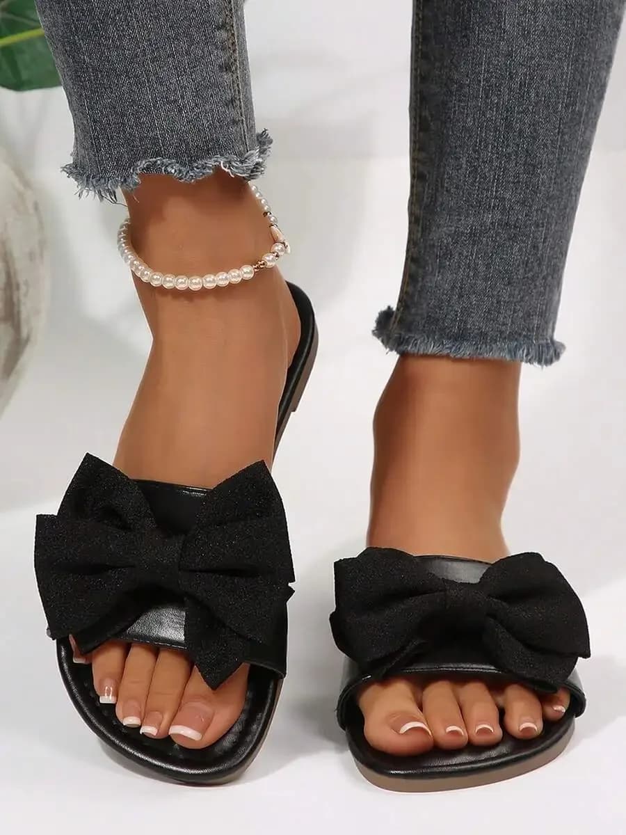Womens Black Bow Flat Slide Sandals For Summer Casual Beach Dressy Occasion