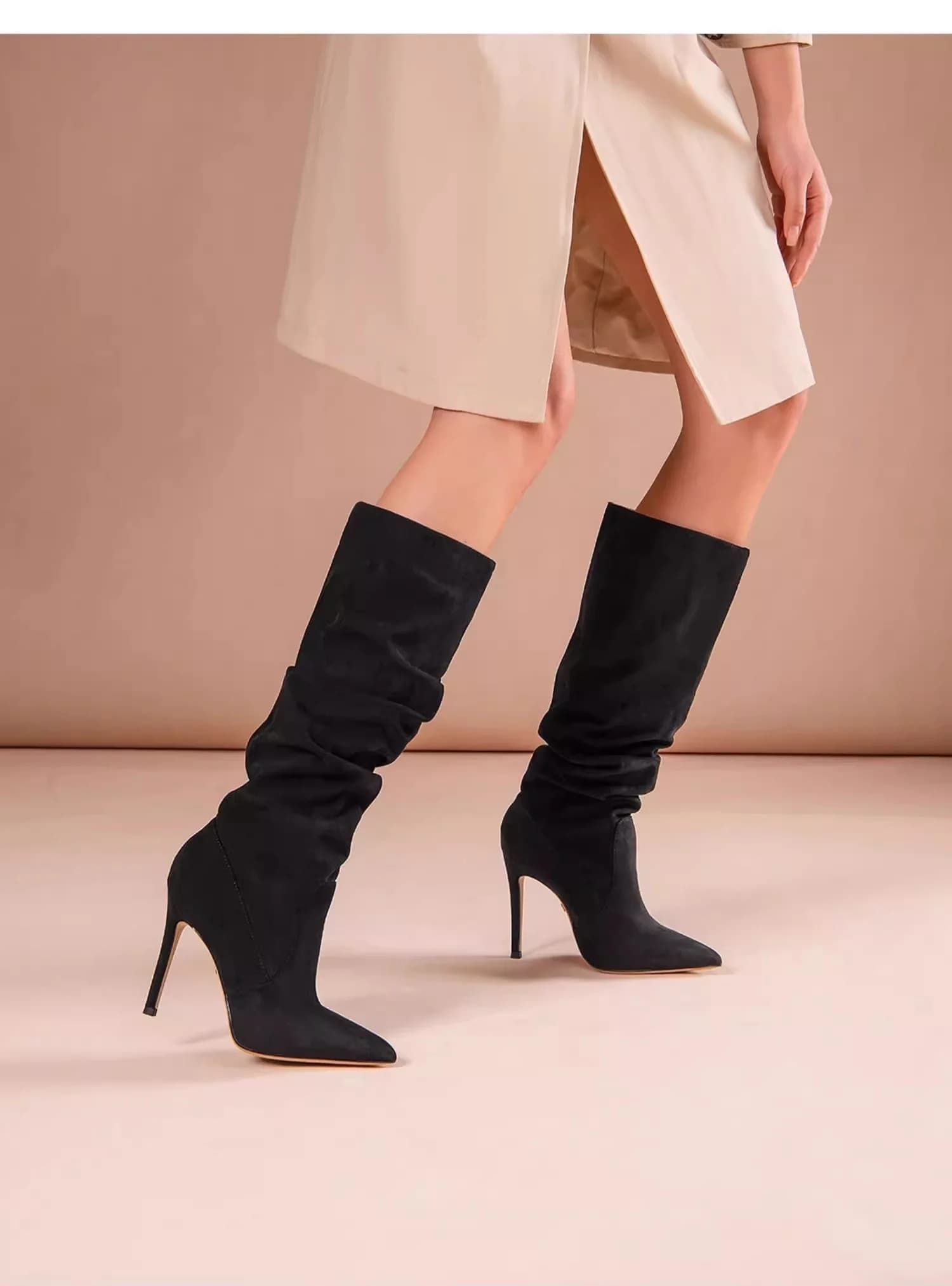 Thin high-heeled women's shoes winter pointed suede pleated boots banquet large size small size plush warm women's boots