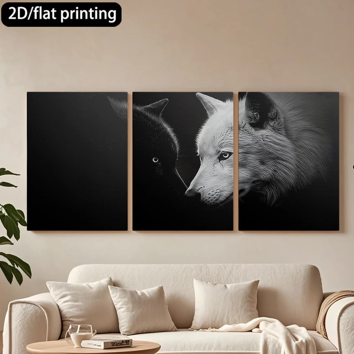 Stampa piatta 2D, pannello decorativo su tela con cornice in legno a 3 pezzi, due lupi, bianco e nero, faccia a faccia.