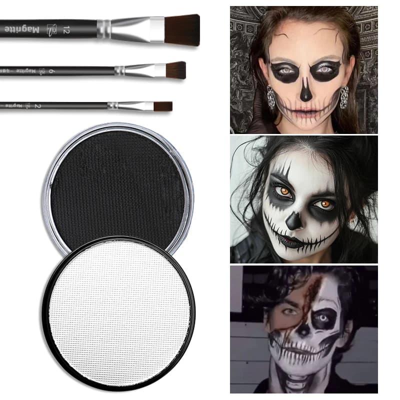 Set di 5 colori nero e bianco clown da 30 g con 3 pennelli, tavolozza di trucco SFX a base d'acqua per teschio, strega, gotico, vampiro, cosplay, trucco