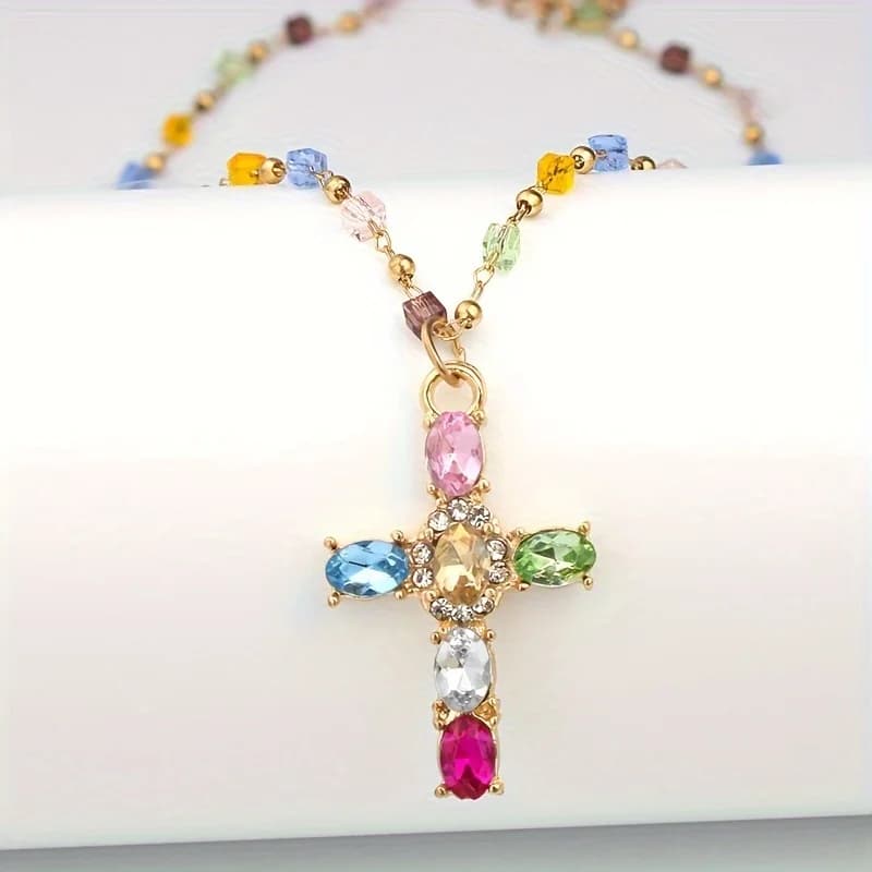 Collana con Ciondolo a Croce in Zirconi e Perline Colorate, Gioiello Personalizzato alla Moda per Donne, Regalo per Feste e Vacanze
