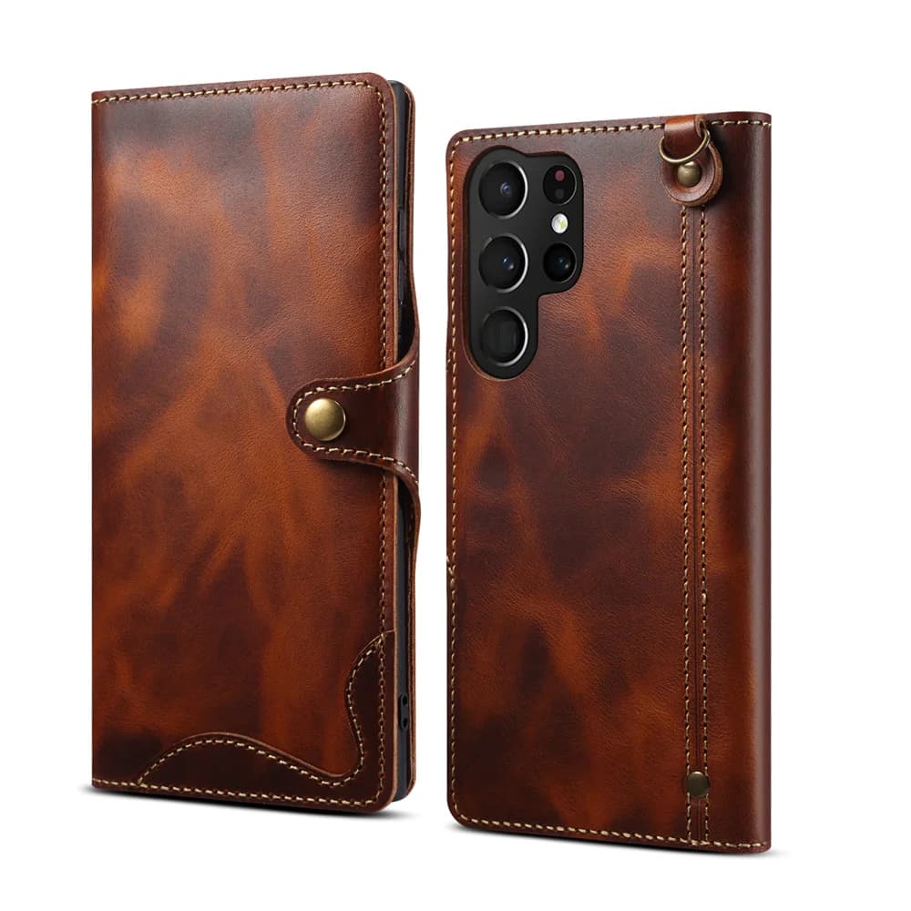 Denior Custodia in vera pelle di lusso con cera d'olio per Galaxy S25 Ultra S8 S9 S10 S20 S21 S22 Plus S23 S24 FE S25 Edge Sim Custodia a portafoglio