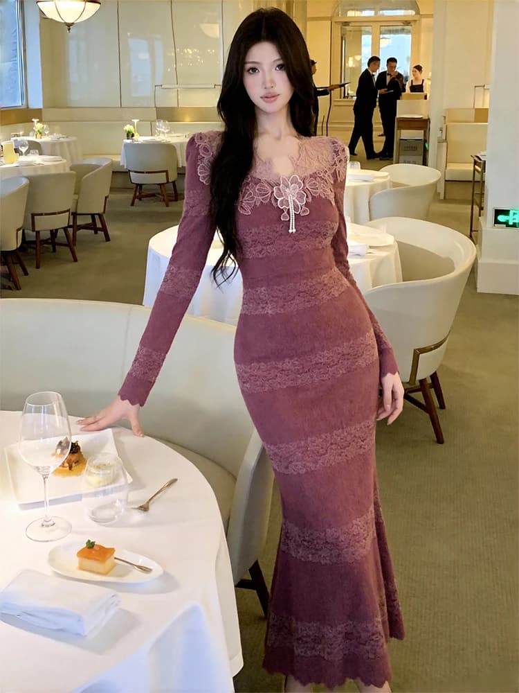 New Women's Long Dress in Lace, Elegant and Sweet, with Knit inserts, Long sleeves, Siren's Fitted Dress, formal Evening Dress, Daily Trend for Party