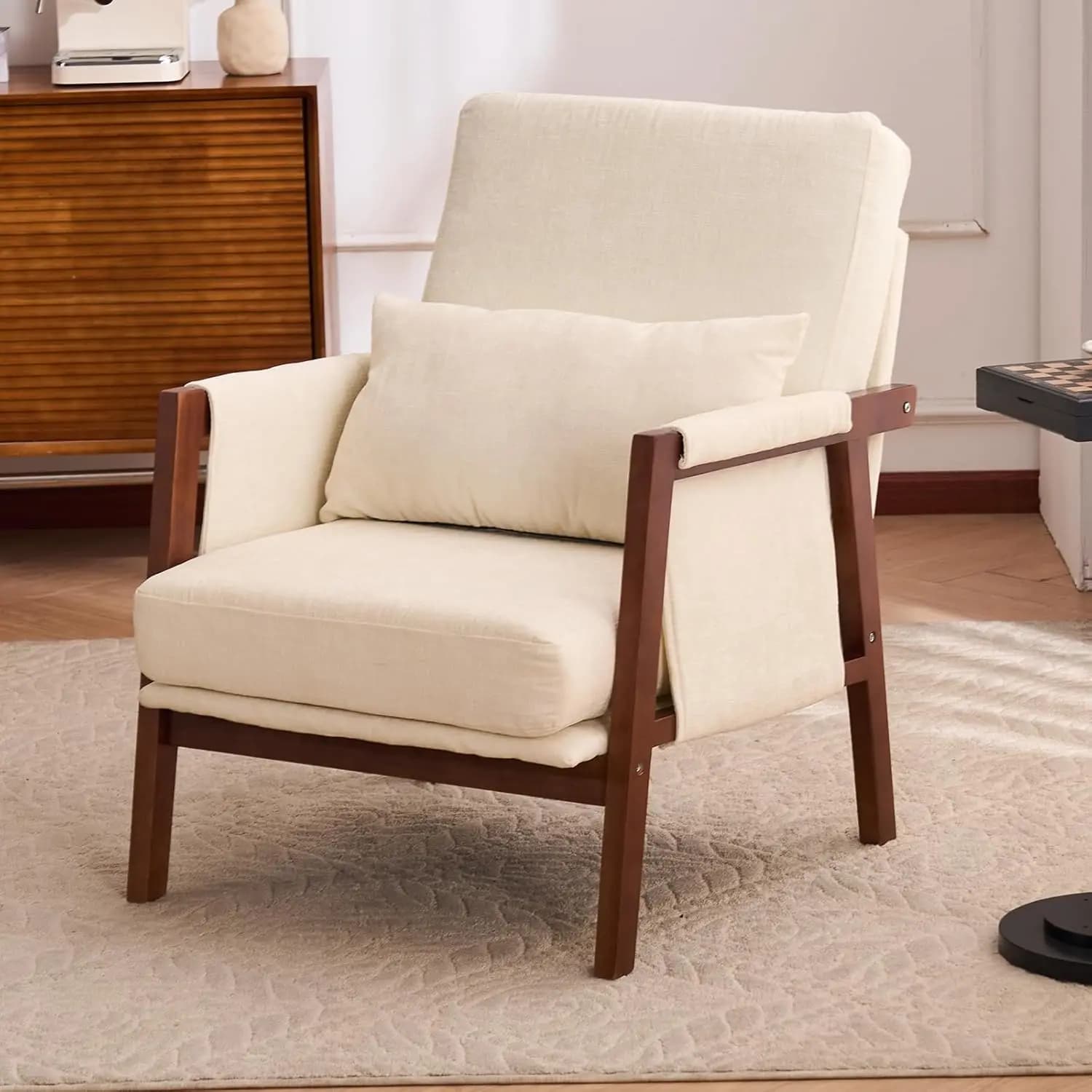 Poltrona Moderna Mid-Century con Cuscino di Supporto Lombare, Sedie Imbottite per Soggiorno con Struttura in Legno, Poltrona in Ciniglia con Cuscino