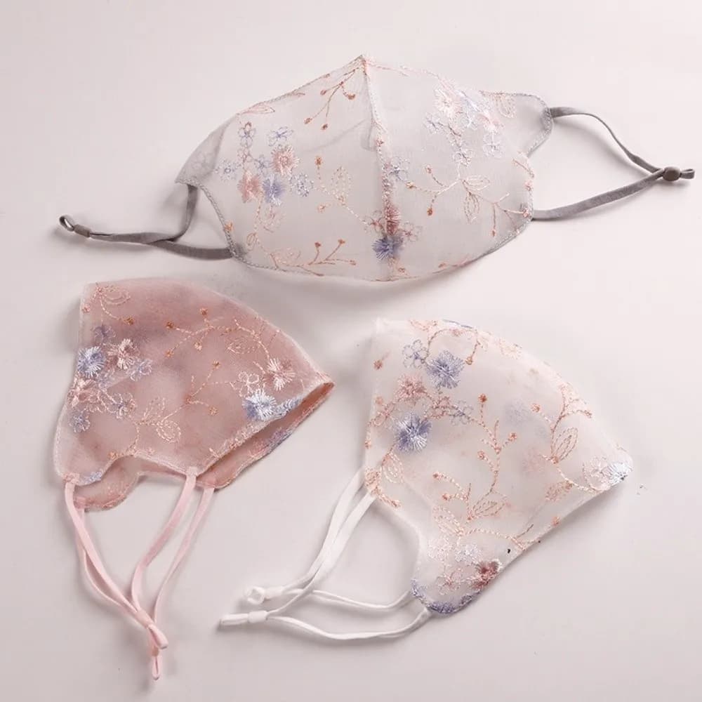 Classical Embroider Flower Veil Mask Dustproof Thin Lace Mask Adjustable Breathable Sunscreen Face Mask