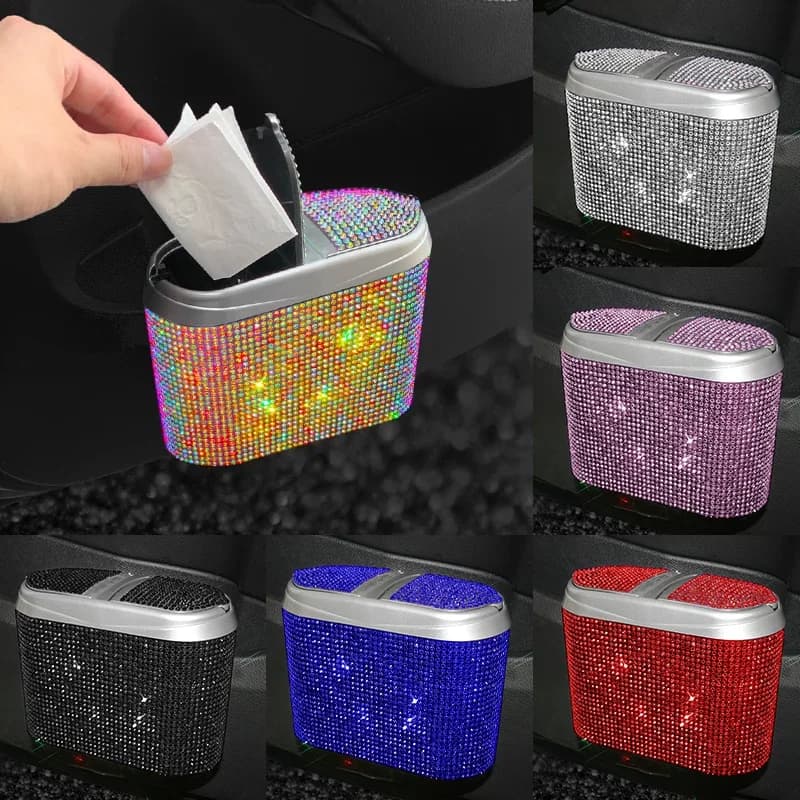Pattumiera per Auto in cristallo con strass forniture per Auto scatola di immagazzinaggio presa di immondizia quadrata premendo cestino della spazzatura automatico Bling accessori per Auto