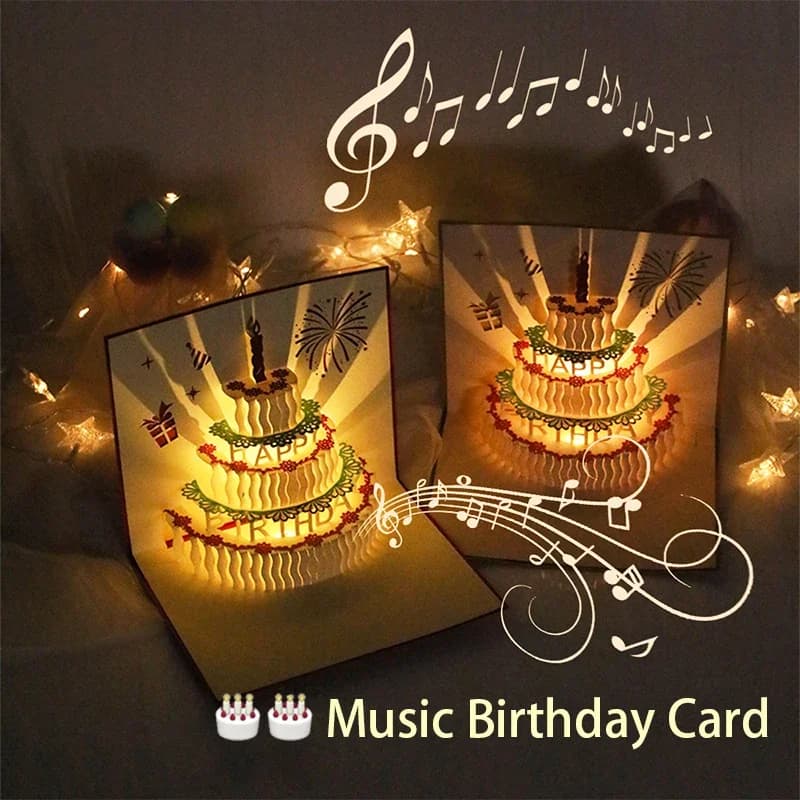Biglietto di compleanno con musica leggera 3D Torta pop-up Biglietto di auguri creativo Biglietti di auguri regalo per feste di buon compleanno