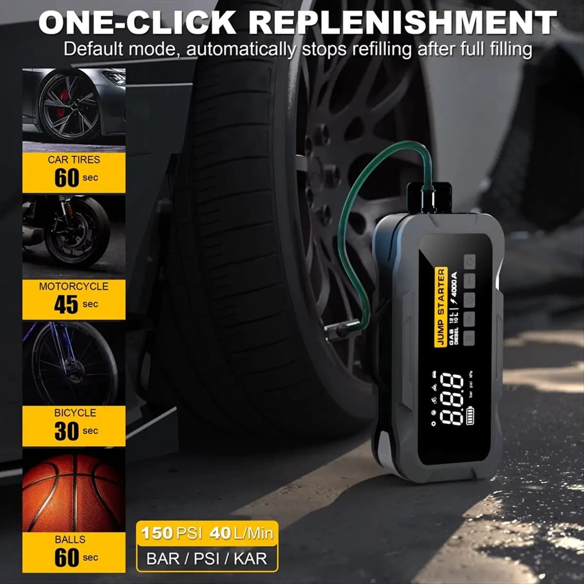 Salto per auto multifunzione con caricabatteria da 8000 mAh Compressore Pompa d'aria Gonfiatore per pneumatici Kit di emergenza per camion