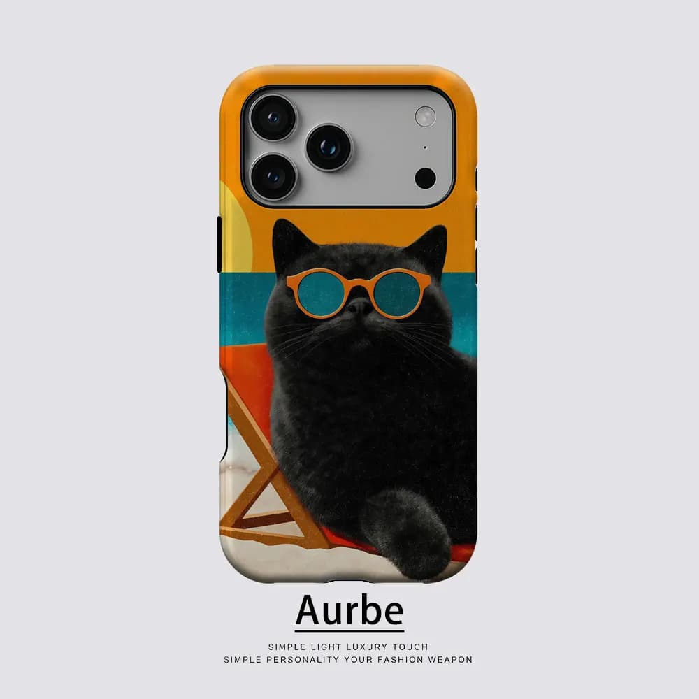 Custodia Aurbe Matte 2-in-1 con Pellicola e Supporto MagSafe per iPhone 17 16 15 14 Plus 17 Pro Max, Antiurto, Rigida, Design Gatto da Spiaggia