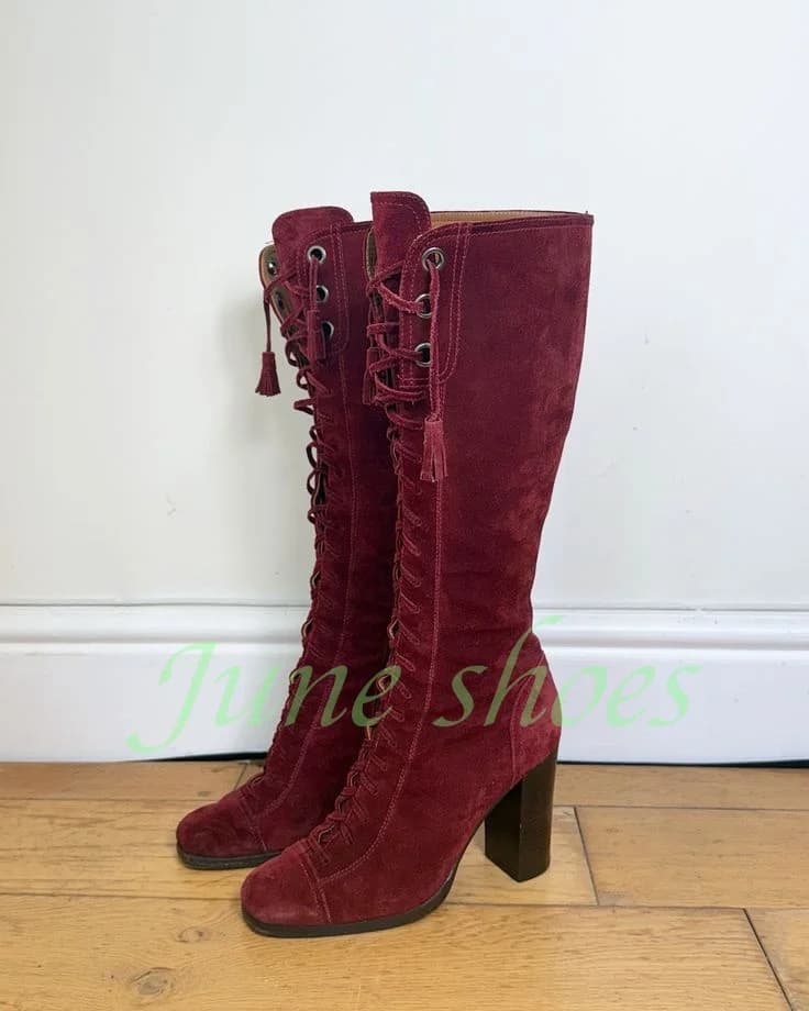 Women Burgundy Faux Suede Knee Boots Lace-Up Vintage Round Toe Tassel Design Retro Western Cowgirl Boots Party Dress Runway Size