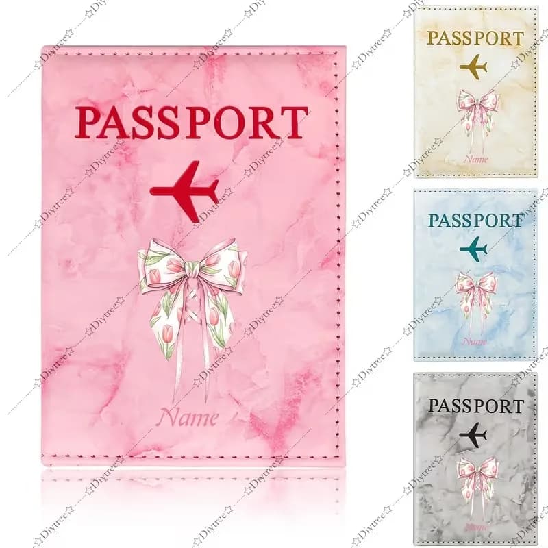 Personalized Name Custom Exquisite Floral Bow Hand-Painted Style Passport Holder, Adorned with Pink Roses and Ribbon Elements