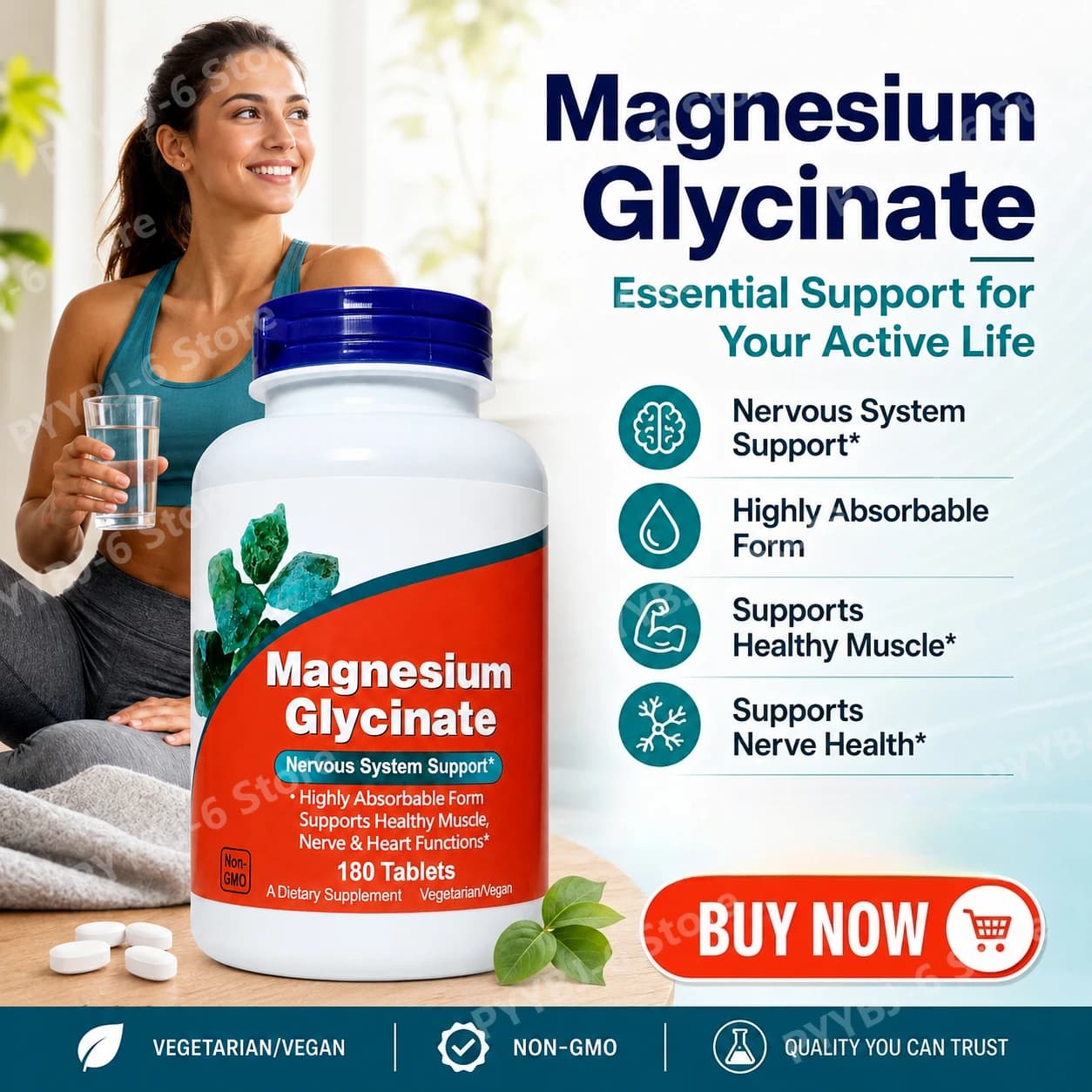 Magnesium Glycinate 180 Tablets Chelated Bisglycinate Supplement Gentle Mineral Support for Men Women Nervous Muscle Wellness