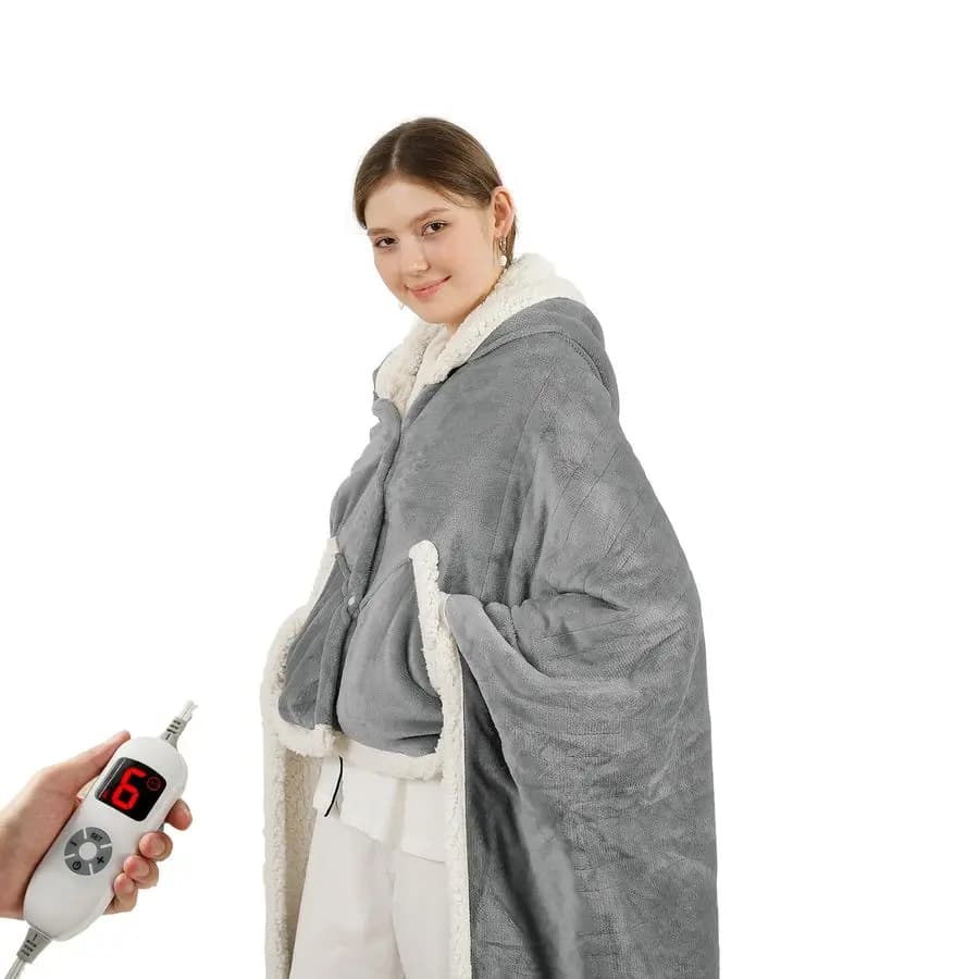 Coperta Elettrica Indossabile, Poncho Riscaldato con Tasche per le Mani, 50x64 Pollici, 6 Livelli di Riscaldamento e Timer 14 Ore, Ideale