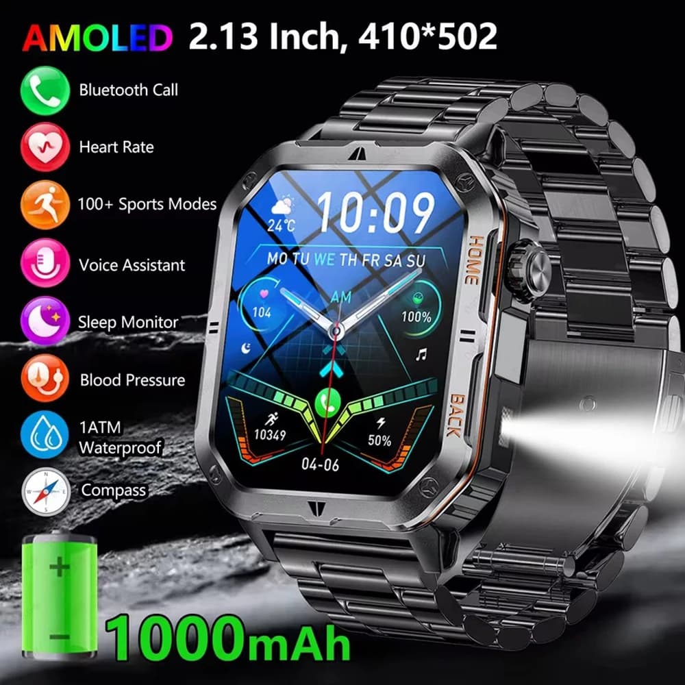 New Men's Smart Watch Outdoor IP68 Outdoor AMOLED Screen Waterproof Call Bluetooth Smartwatch Fitness Sports Watches Monitor For Sleep Health