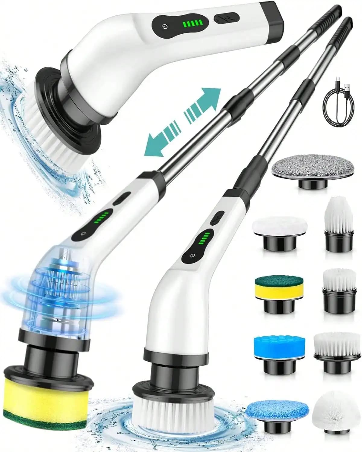 1 Pack Spin Scrubber Cleaning Brush 9 Replacement Heads Adjustable Handle Waterproof for Bathroom Tub Tile Floor Kitchen Home