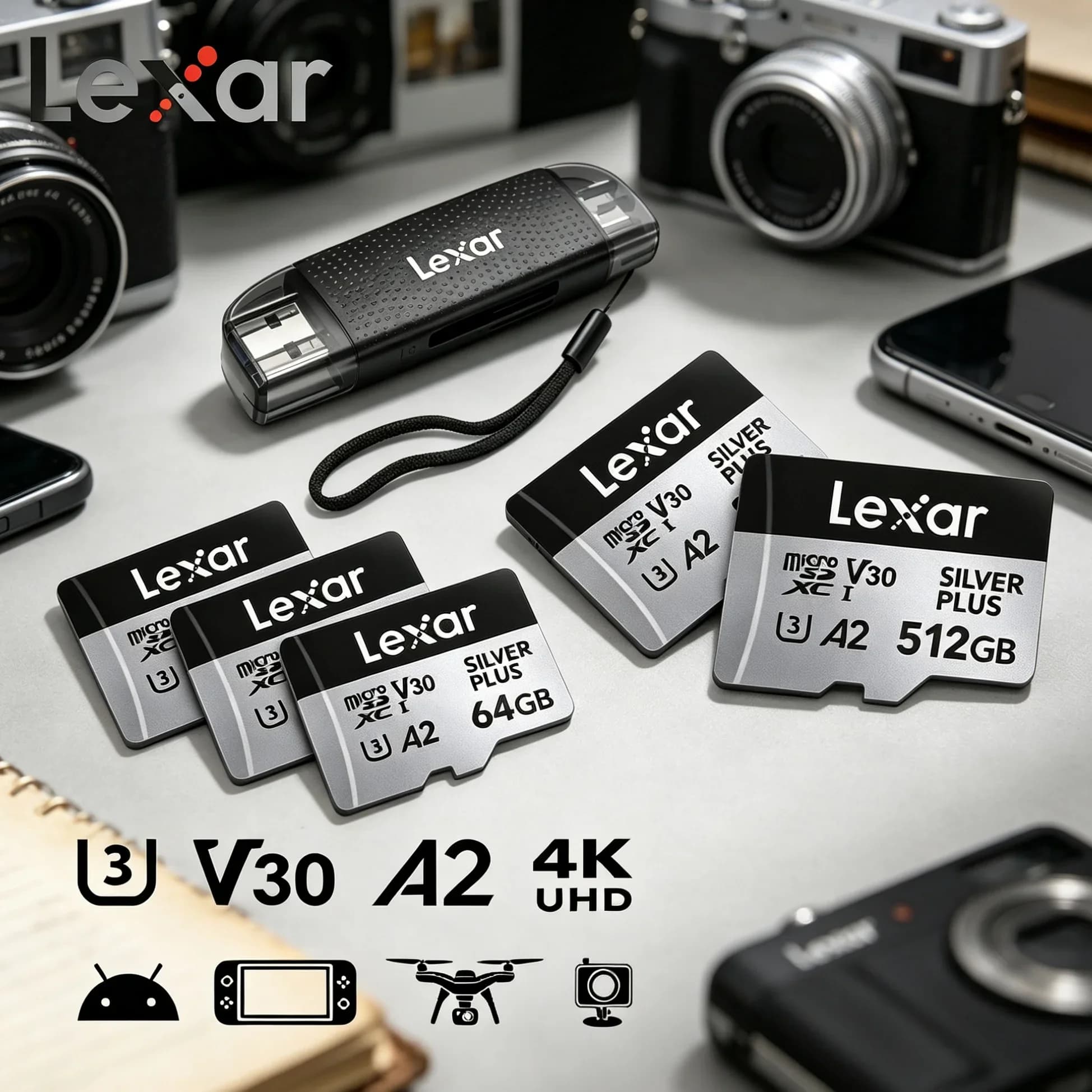 For Aerial Photography DJI Drone Lexar V30 A2 Micro SD Card 205MB/s TF MicroSDXC Memory Card 64‑1TB Card Reader Optional