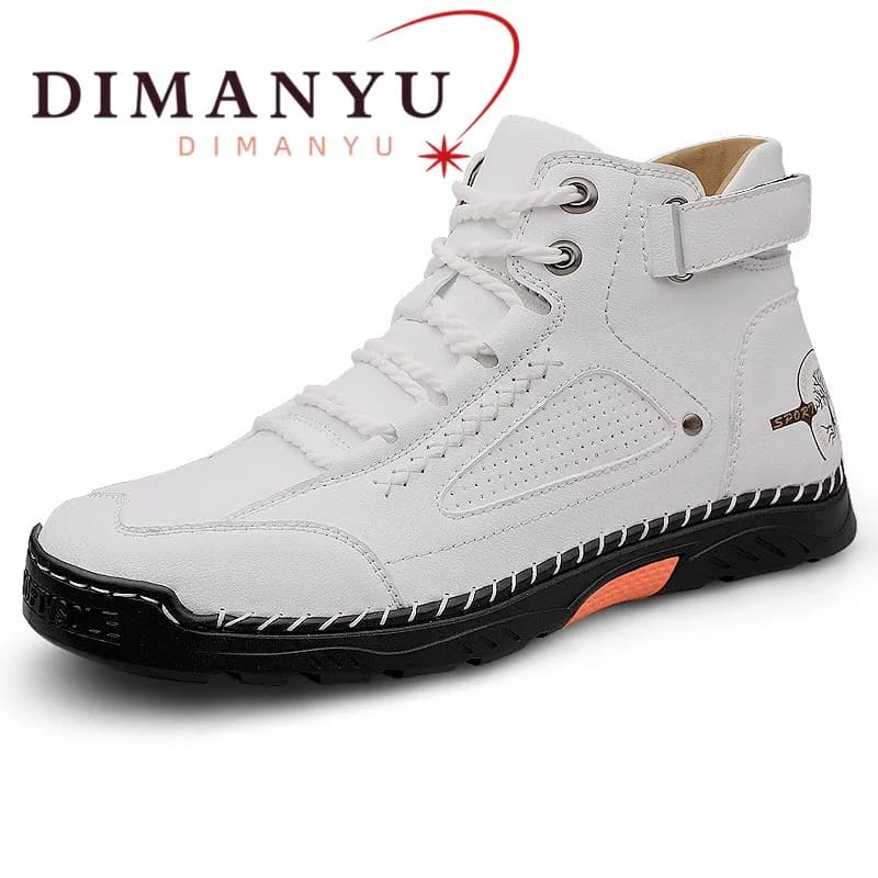 DIMANYU Men Genuine Leather HighTop Boots Hand‑stitched Lace‑up Non‑slip Outdoor Hiking Men Ankle Boots Casual Walking Shoes