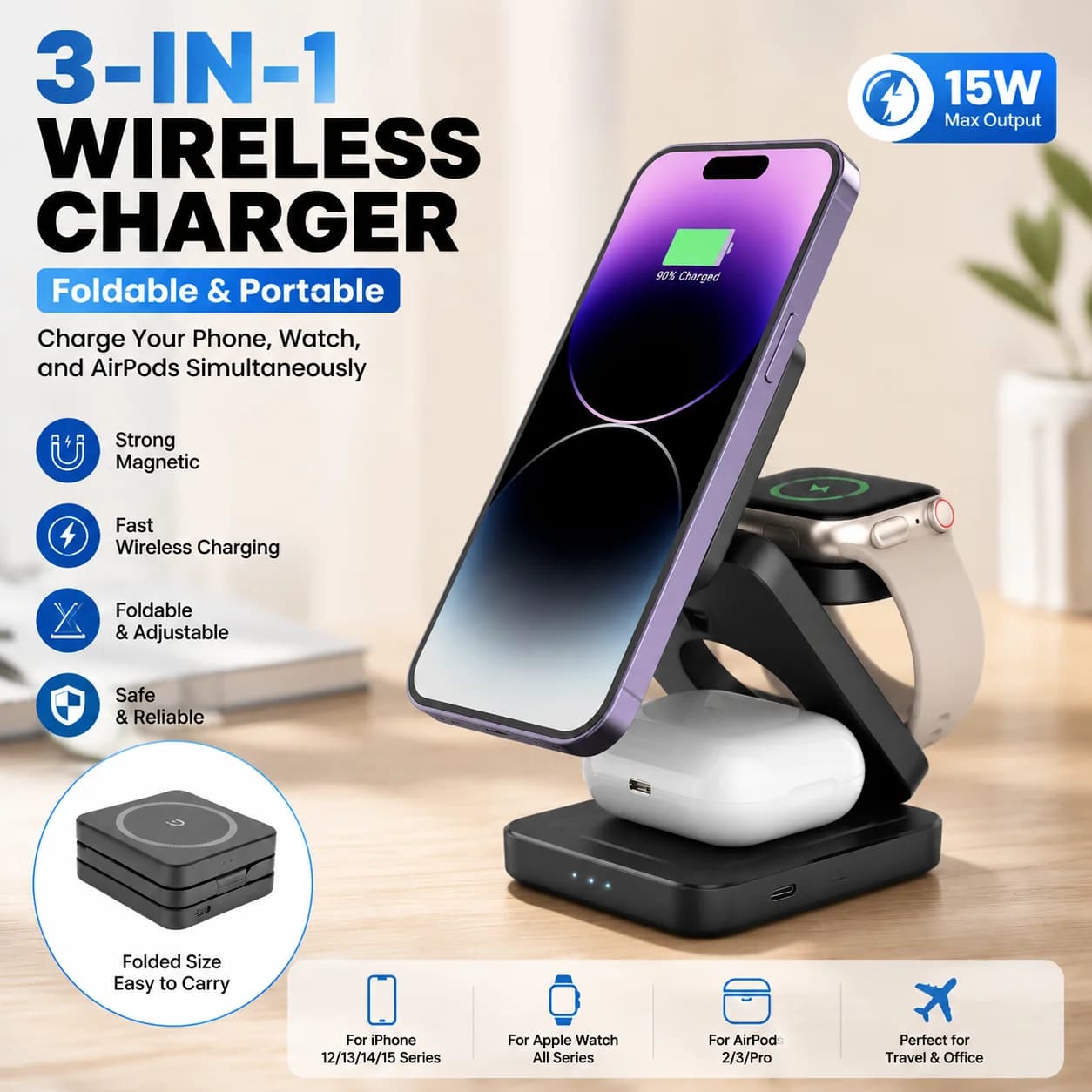 3 in 1 Foldable Charging Station Fast Magnetic Wireless Charger Stand for iPhone 17 16 15 14 13 12 Apple Watch 8 7 6 Airpods Pro