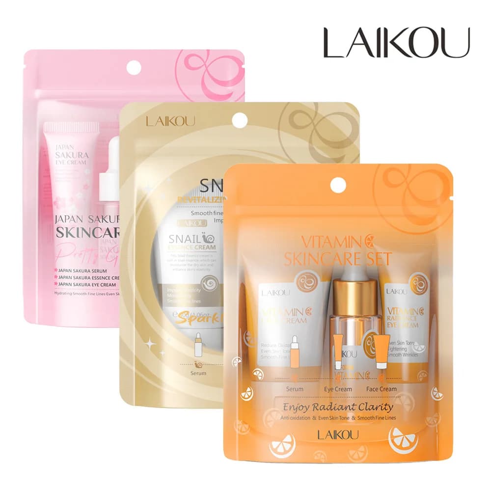 3 pcs/set LAIKOU Skin Care Set Vitamin C Sakura Snail Essence Serum Cream For Eyes Cream For Face Hydrating Cream Travel Size Set For Skin Care