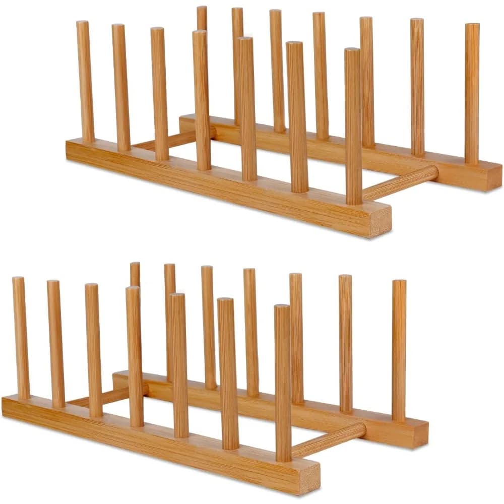 Vertical Dish Rack for Kitchen Cabinet Door, 2 Pack Wooden Organizer with Adjustable Slots for Plates, Bowls, Cups, Pots, Pans, Lids, Cutting Boards, Cookbooks and Kitchen Utensils, Space Saving Storage Drainer and