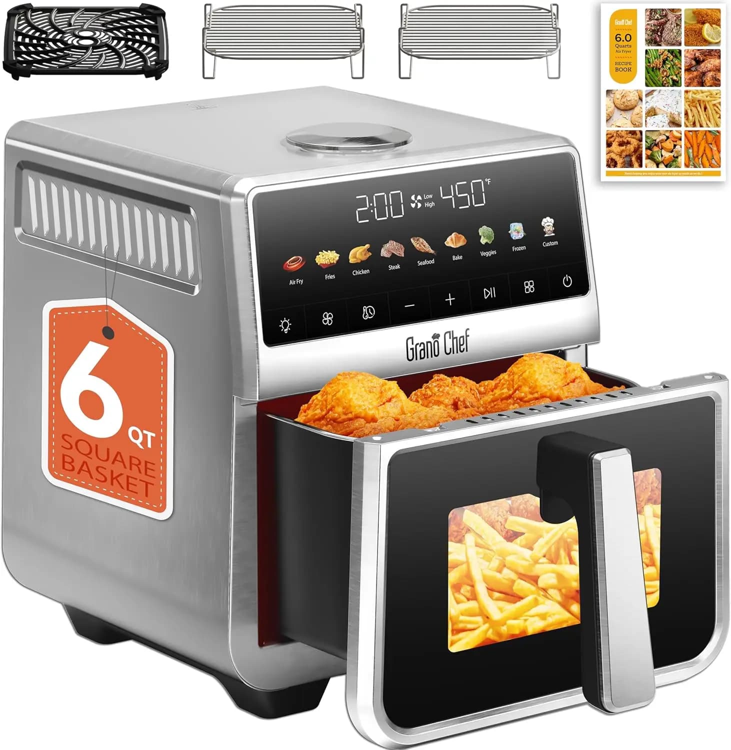 Stainless Steel Air Fryer 6 Quart, Ceramic Glazed Basket, Full Metal Inner Pot with Stainless Steel Housing, PTFE & PFAS Free, 9