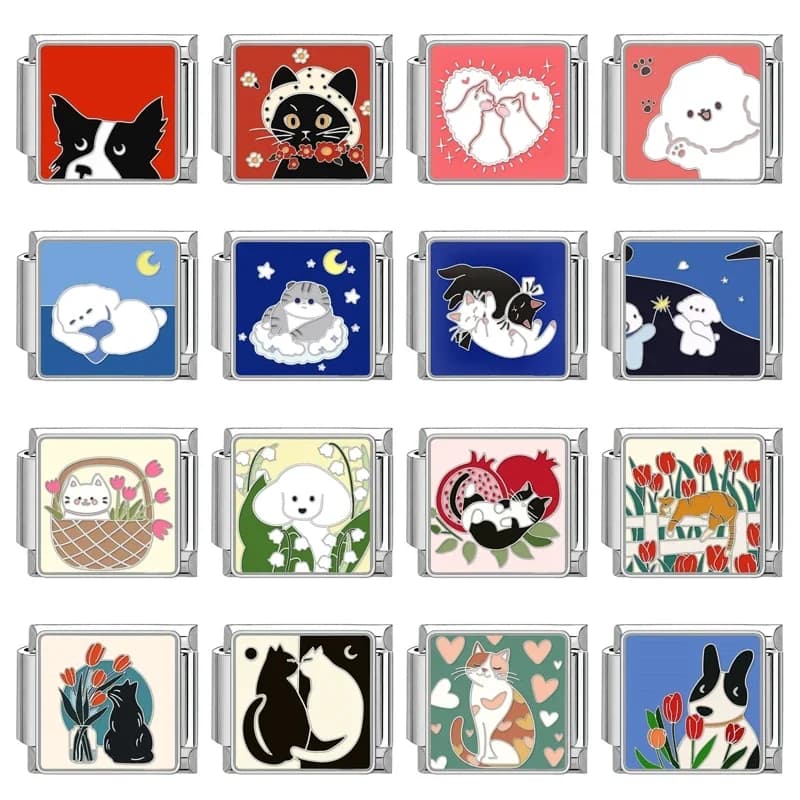 1PC Charm Cartoon Lucky Cat Teddy Shiba Inu Italian Charm Links Fit 9mm Bracelet Stainless Steel DIY Jewelry Making Wholesale