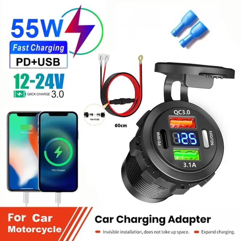 Presa per caricabatteria da auto tipo C e doppia presa per caricabatterie rapido USB a 3 porte impermeabile con voltmetro 12V/24V per adattatori per moto barche