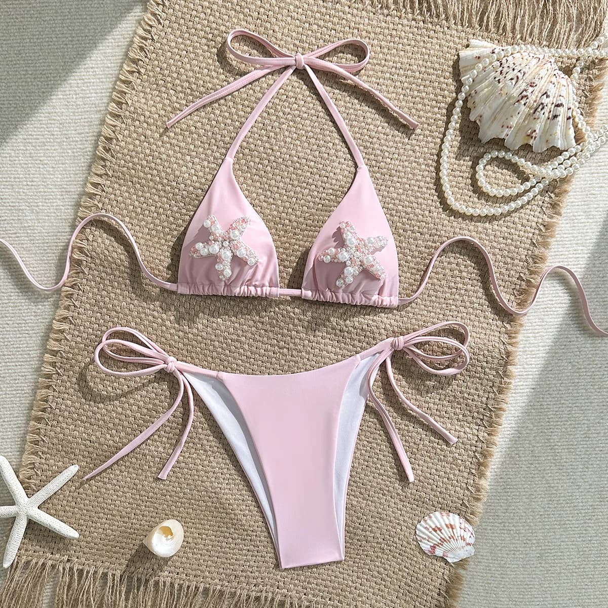 Costume da bagno bikini a triangolo con perle rosa, da donna, con laccetti laterali e taglio alto, due pezzi, per vacanze al mare