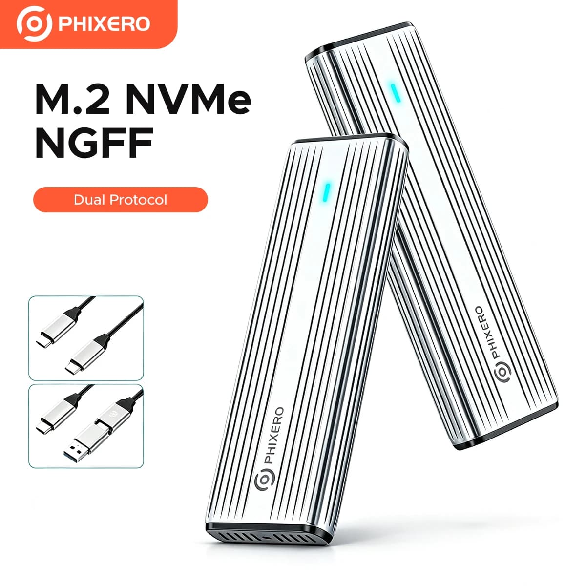 PHIXERO M.2 NVMe SATA SSD Custodia Dual Portocol NVMe a USB Adattatore 10Gbps USB 3.1 Gen2 USB C Custodia esterna Scatola in lega di alluminio