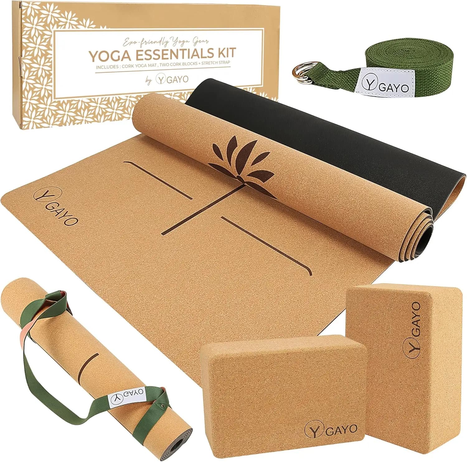 Set Yoga per Principianti con Tappetino in Sughero e Blocchi - Spessore 5mm, Cinghia per il Trasporto, Linee di Allineamento