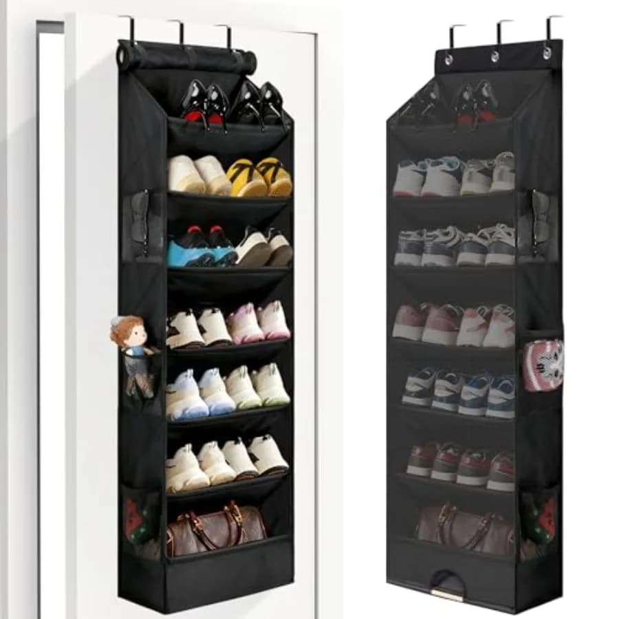 7 Tier Over The Door Shoe Organizer, Hanging Shoe Rack for Closet with Dustproof Mesh Curtain and 6 Side Pockets, Behind The Do