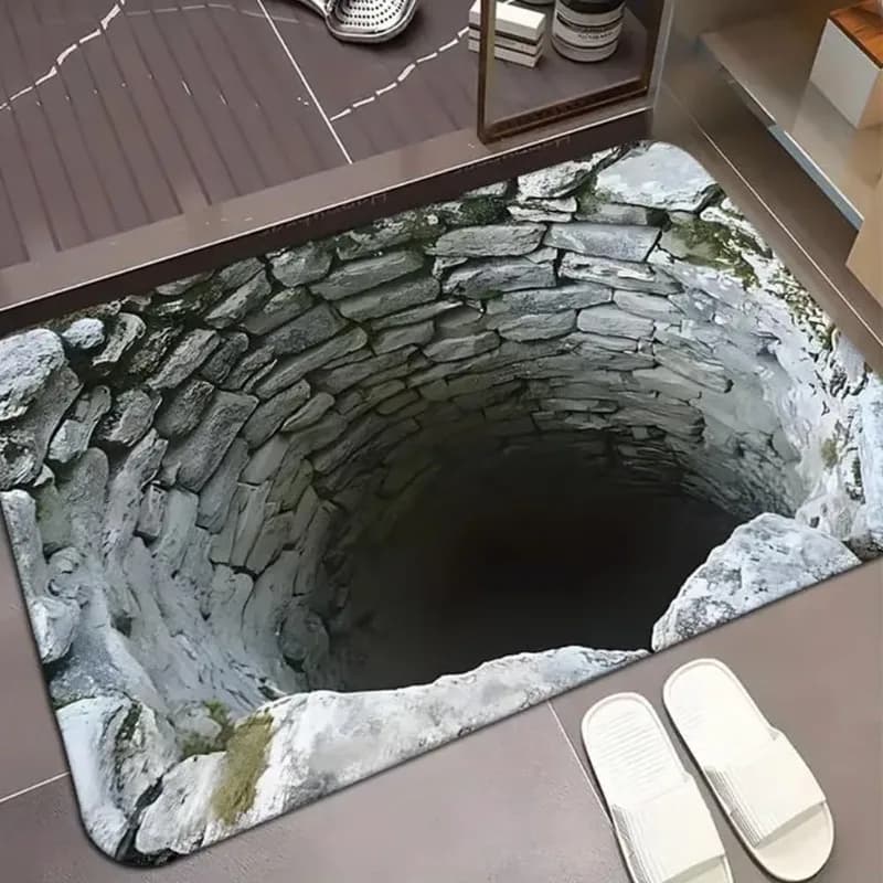 Tappeto d'ingresso 2D con illusione ottica a buco, morbido e antiscivolo, con motivo realistico, per decorazioni domestiche, tappeto scherzoso e divertente