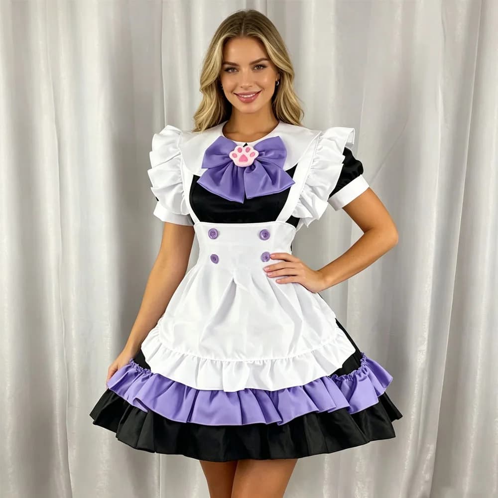 Cat Paw Decor Maid Cosplay Uniform Black White Purple Layer Ruffle Skirt Puff Sleeve Frilled Apron Sweet Lolita Party Dress With Choker