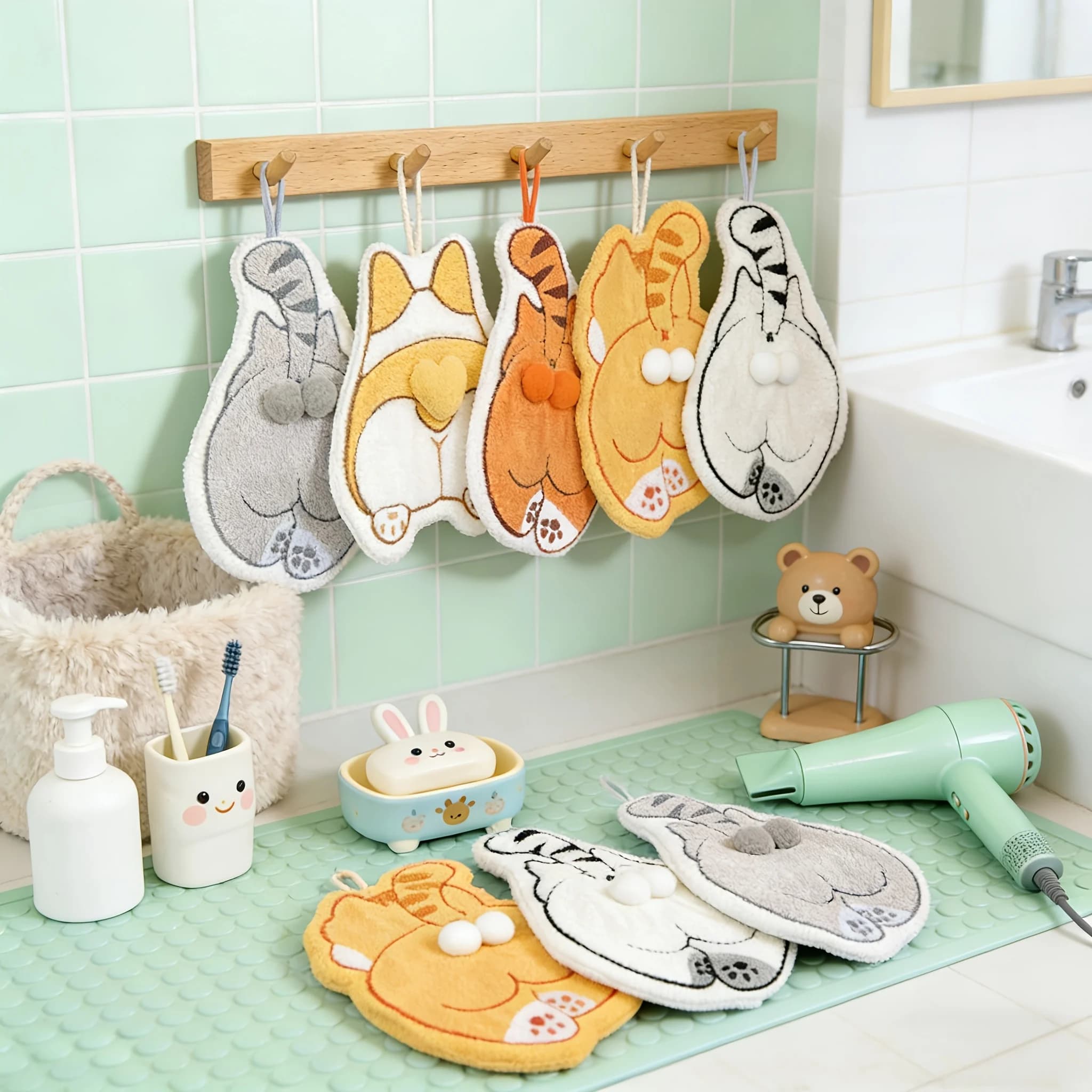 2-Pack of Randomly Assorted Styles of Cat-Shaped Hand Towels, Cute Back-View Kitten Mischievous Animal Hanging Hand Towels, Thick Cartoon Creative Hand Towels for Kitchen Use, Essential Household Hand Towels