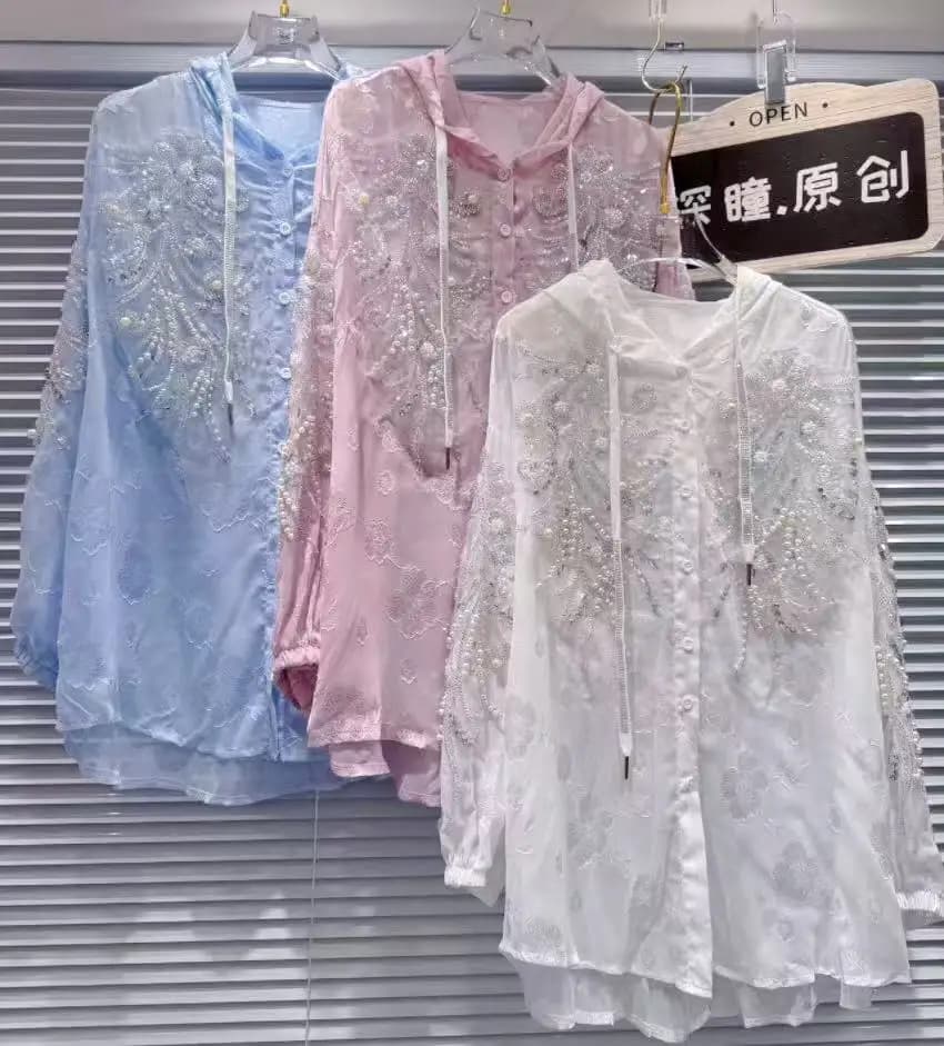 Luxury Pearls Beads Embroidery Oversized Hooded Sunscreen Blouses Shirts For Women 2025 Spring Summer Tops Camisas De Mujer
