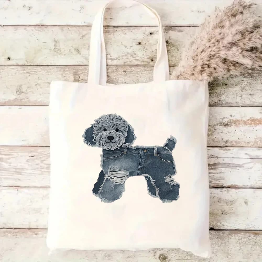 Cute Toy Poodle Canvas Tote Bag Denim Jeans Dog Printed Shoulder Handbag Large Capacity Casual Eco Reusable Shopper Bags Women