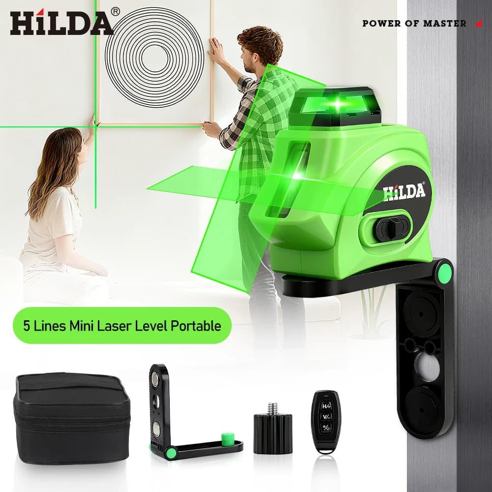 HILDA Livello laser a 5 linee 360 ° Staffa magnetica per linea trasversale autolivellante automatica Strumento di costruzione portatile con filettatura per treppiede da 1/4".