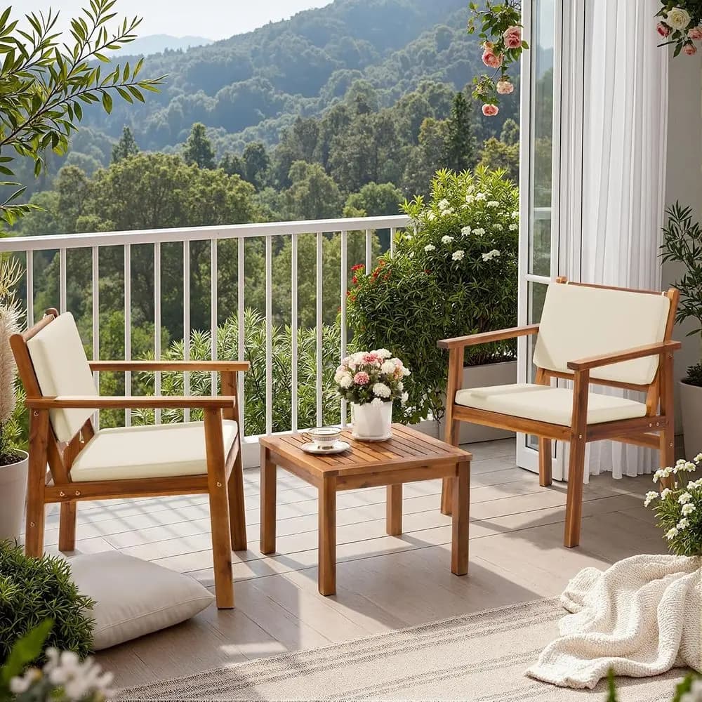 Patio Chairs 3 Piece Acacia Wood Patio urniture with Coee Table & Cushions Outdoor Contion Set Balcony Chairs or Porch, Deck, Ba