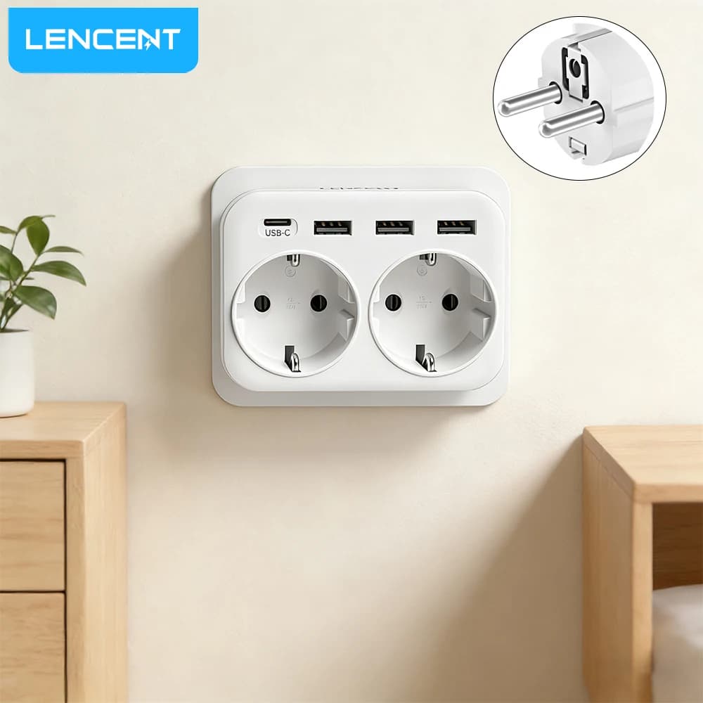 Caricabatterie da muro LENCENT 6 in 1 prese da ladro con 2 prese Schuko 3 porte USB e 1 adattatore a spina multipla di tipo C per l'home Office