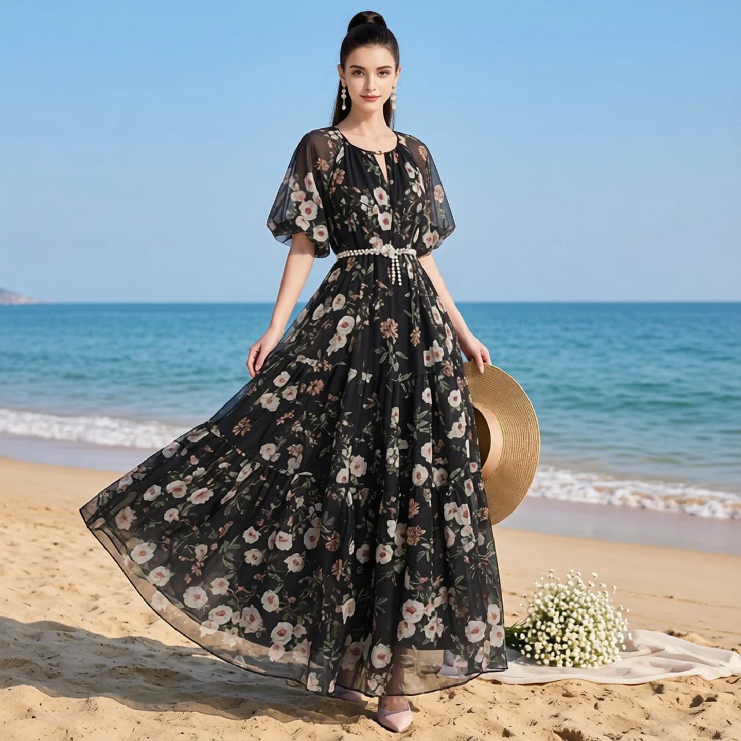 Elegant Black Floral Print Chiffon Maxi Dress Women's Holiday Beach Photography Waist-Cinching Skirt Summer Short Sleeve