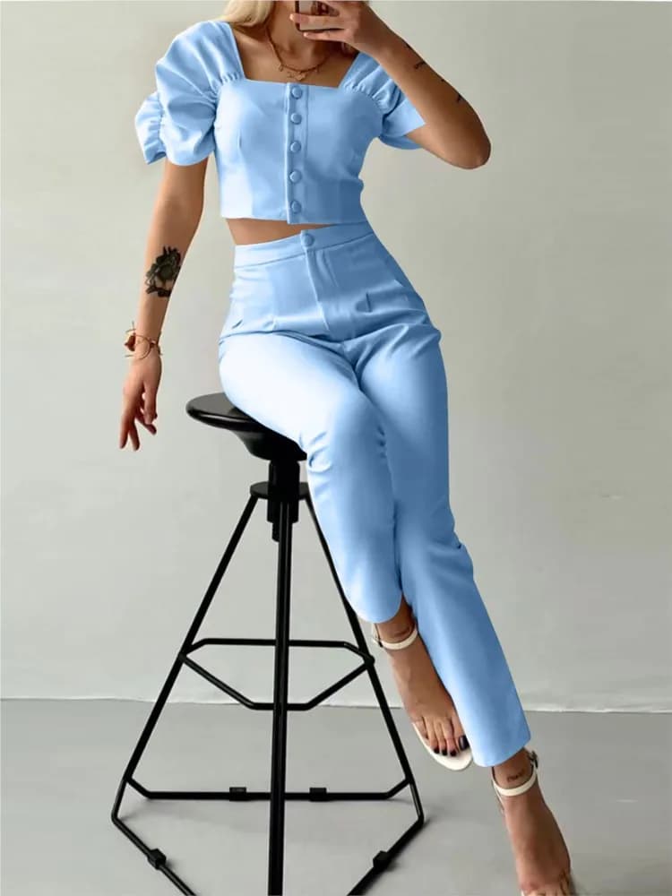 Elegant Women's Office Two Piece Sets Summer Fashion Solid Square Collar Single Breasted Short Sleeve Top & Long Pants Suit