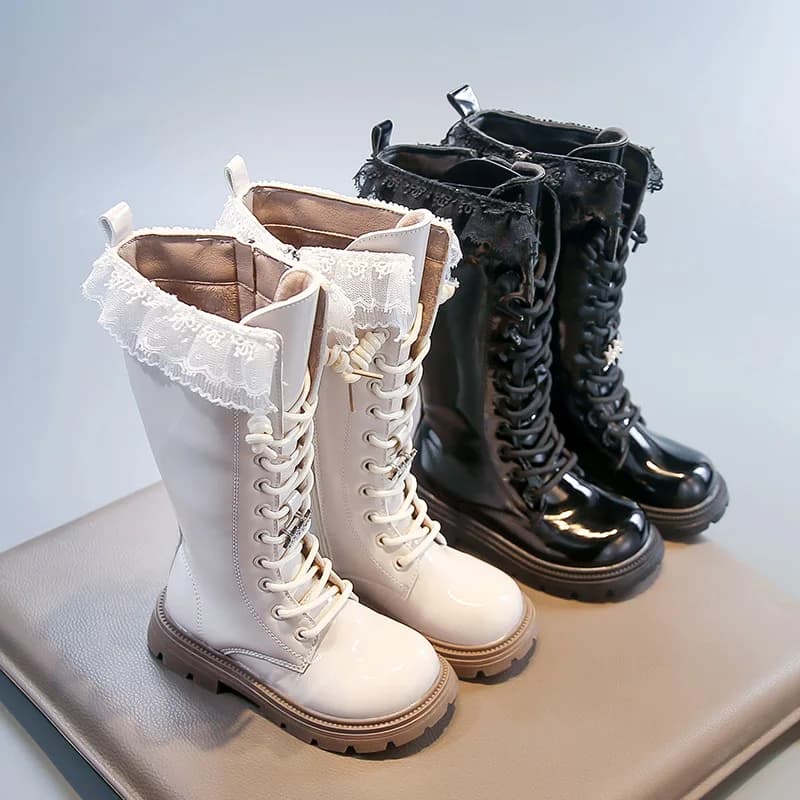 Mocassini da ragazza Punta tonda Stivali in pelle per bambini con fondo morbido con cappuccio Versatile 2025 Autunno Inverno Stivali alti per bambini antiscivolo Dolce