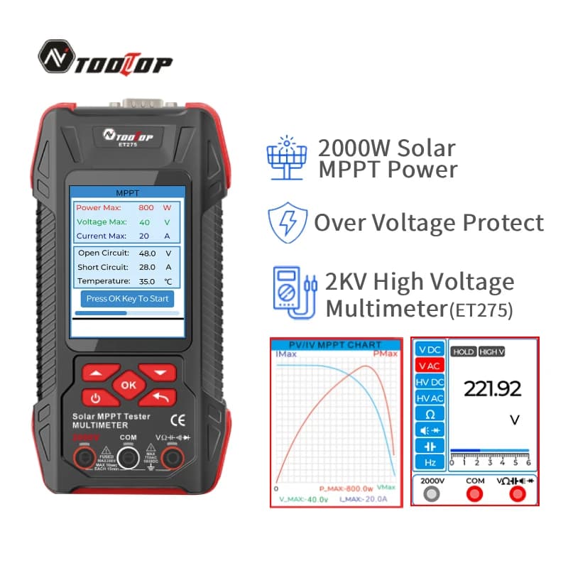 TOOLTOP Misuratore di energia solare da 2000 W Tester MPPT da 3,2 pollici Tensione di corrente Curva di potenza Multimetro fotovoltaico Pmax Voc Lsc Test