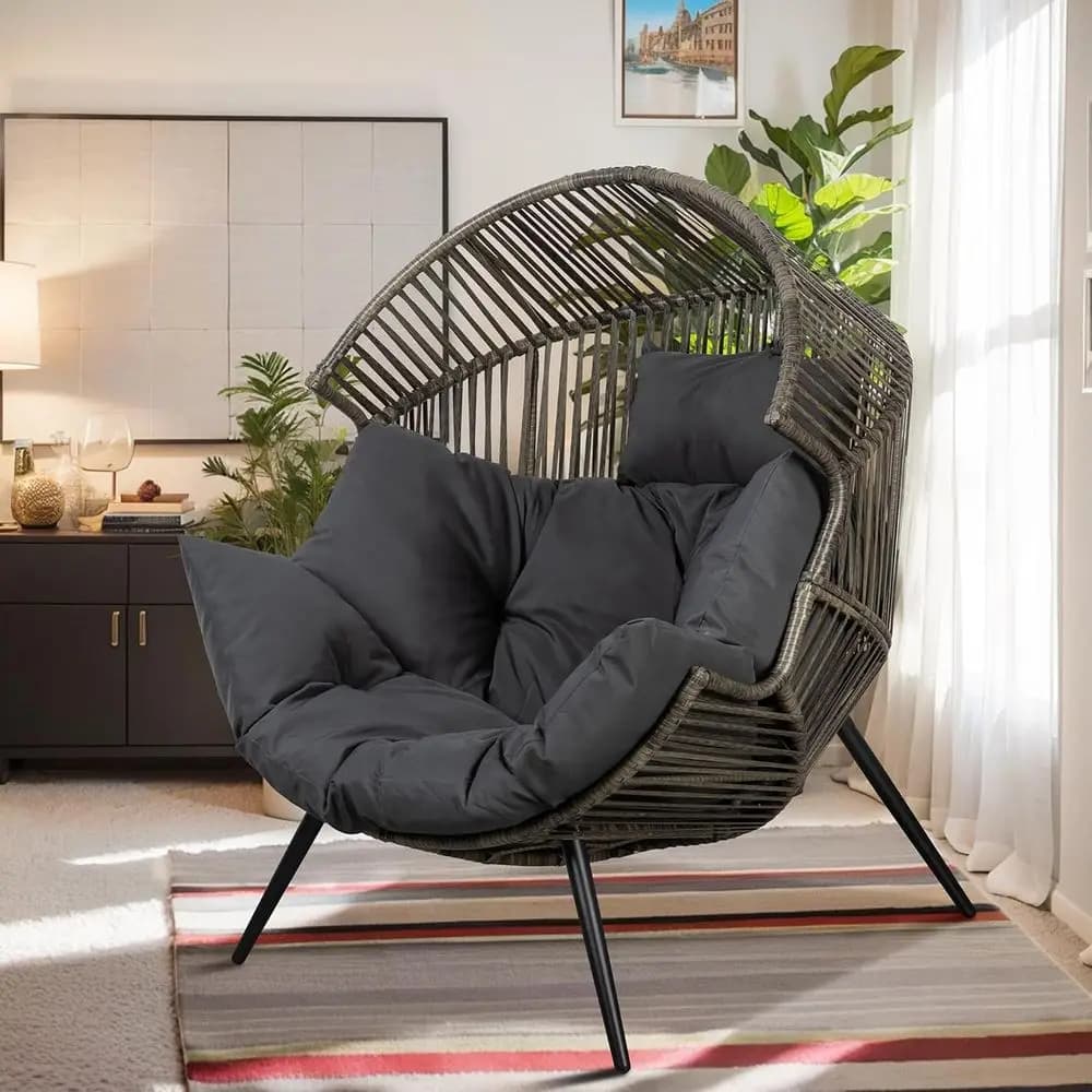 Poltrona a Uovo in Rattan Imbottita Oversize per Patio, Interni, Balcone, Giardino - Nera