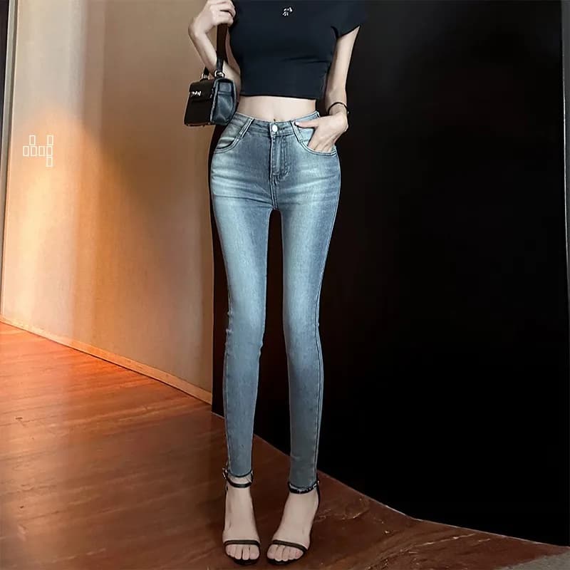 Retro Washed Light Blue Grey Slim Fit Pencil Nine Point Pants Comfortable Fashionable Women's Jeans Small Foot East Gate